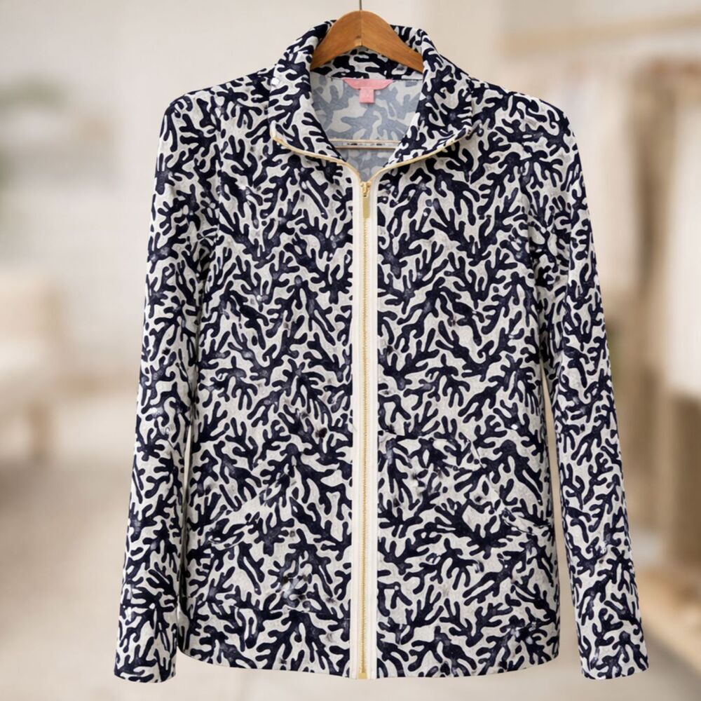 Lilly Pulitzer Leona Luxe Terry Zip Jacket S White Blue Coral Coral UPF 50